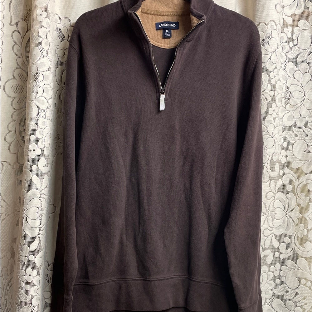 Lands' End Men's Dark Brown Zip-Up Sweater 100%Cotton